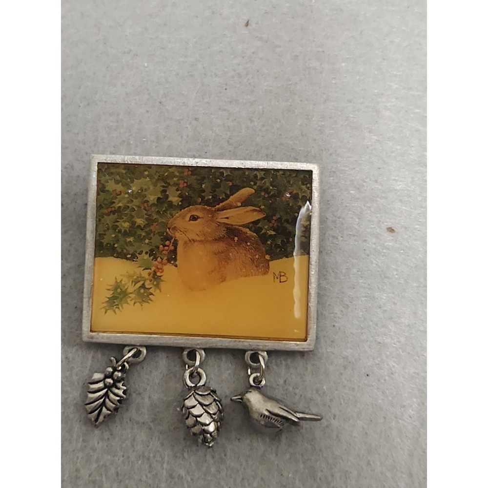 1999 Marjolein Bastin Brooch Framed Epoxy Rabbit in Snow Dangling Charms 1.75"